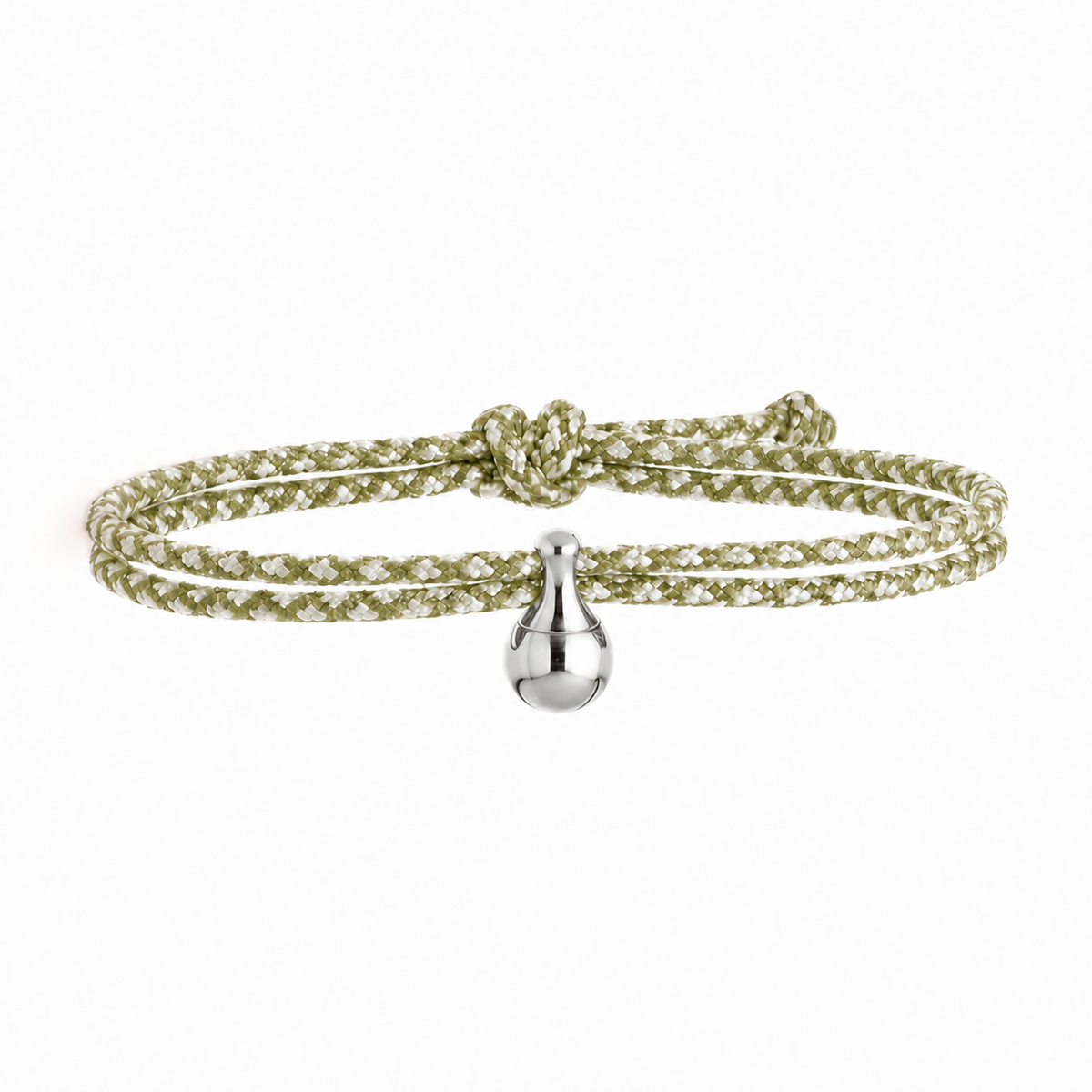 Tadblu EVER FAIR damesarmband met saliegroen-roomwit patroon koord, edelstalen traanvormige ashouder en verstelbare knoopsluiting.