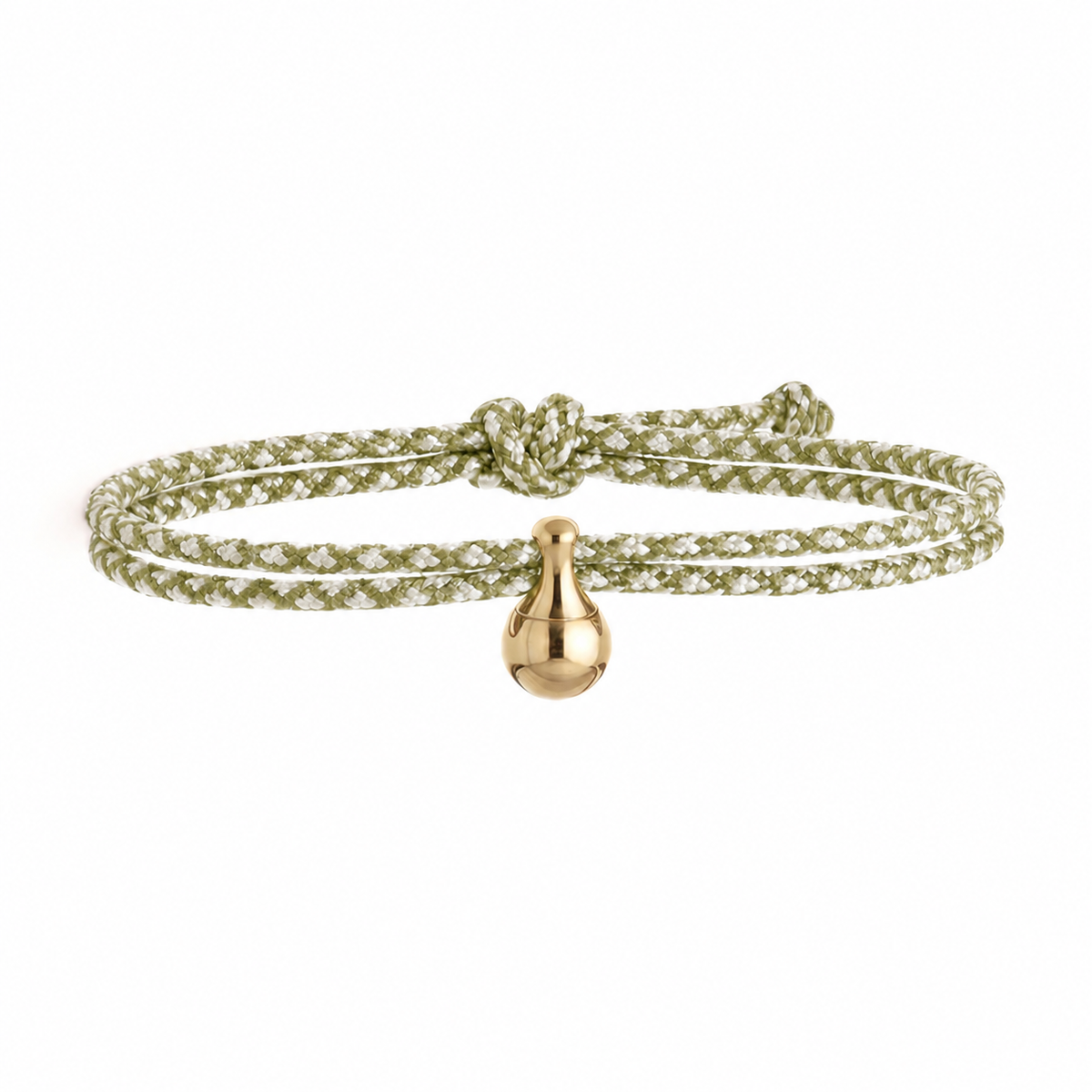 Tadblu EVER FAIR damesarmband met saliegroen-roomwit patroon koord, vergulde traanvormige ashouder en verstelbare knoopsluiting.