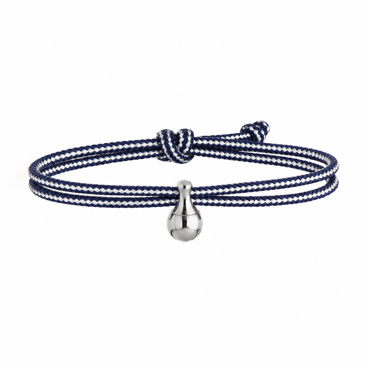 Tadblu EVER GENTLE damesarmband met nachtblauw-wit gestreept koord, edelstalen traanvormige ashouder en verstelbare knoopsluiting.